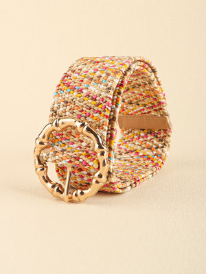 Multicolored woven wide belt with round buckle