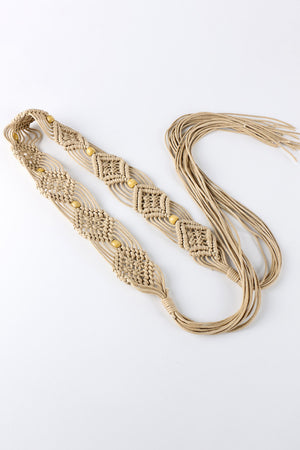Khaki braid belt with fringes solid wood beads, and macrame style braid