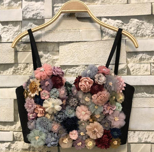 Floral Bustier Bra Crop Top with 3D flowers and Removable Black Straps.