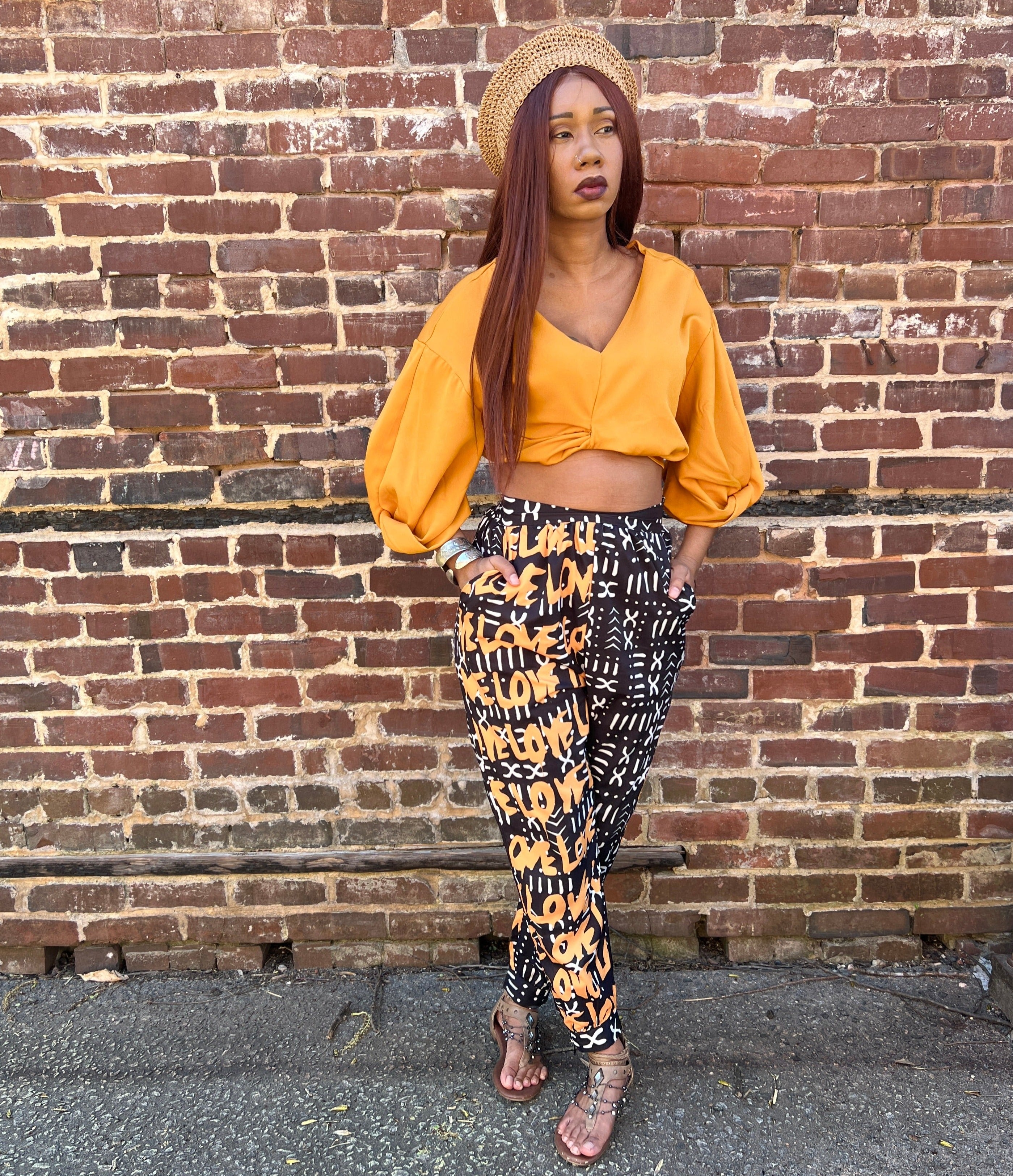  Nova black and white mud print high waisted jodhpur style pants with LOVE written in gold