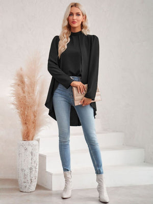 long puff sleeve high-low mock neck blouse black