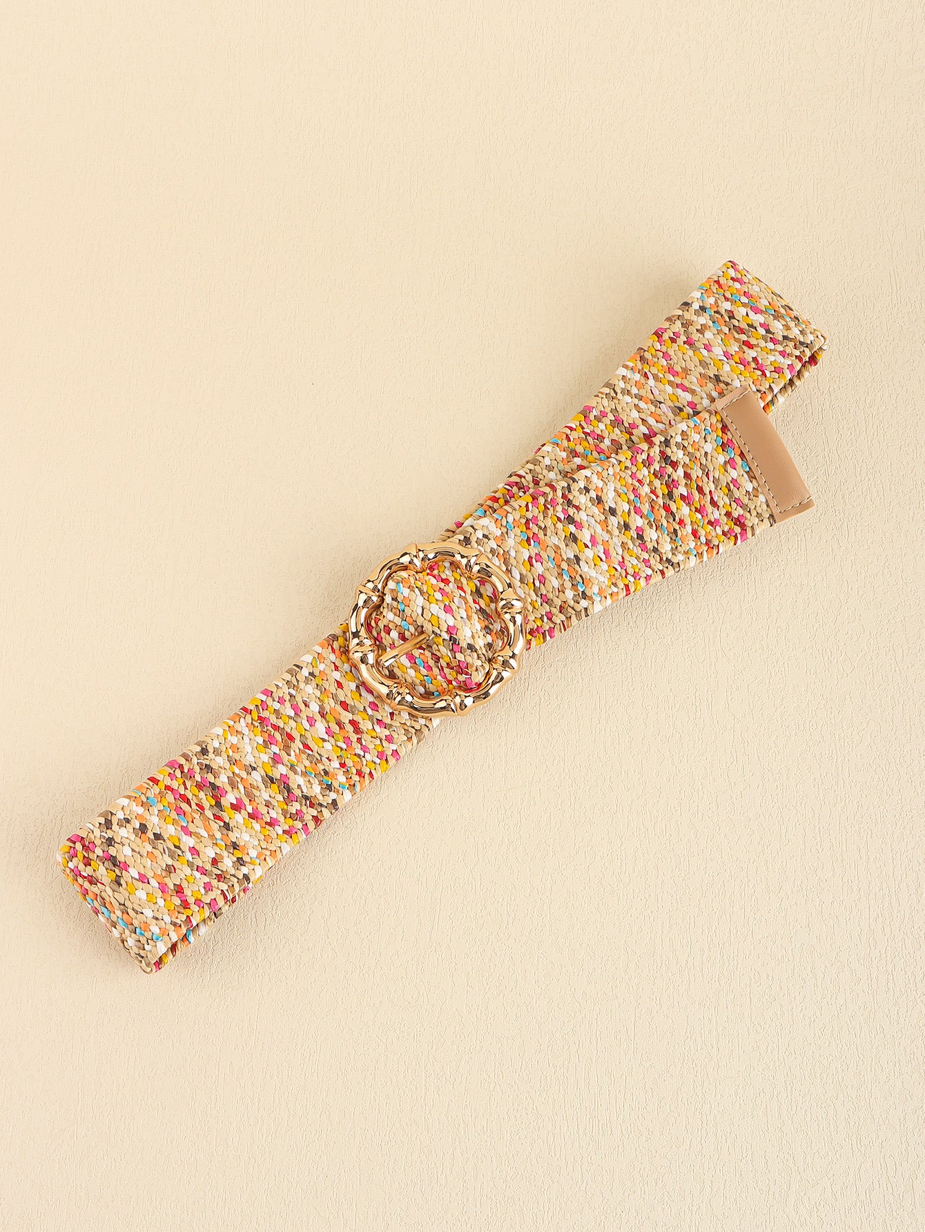 Multicolored woven wide belt with round buckle