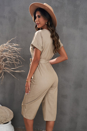 Khaki button front belted cropped jumpsuit with pockets