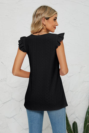 Black Smocked Round Neck Eyelet Top with flutter cap sleeves