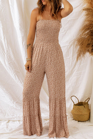 Tan Sleeveless floral smocked wide leg jumpsuit 