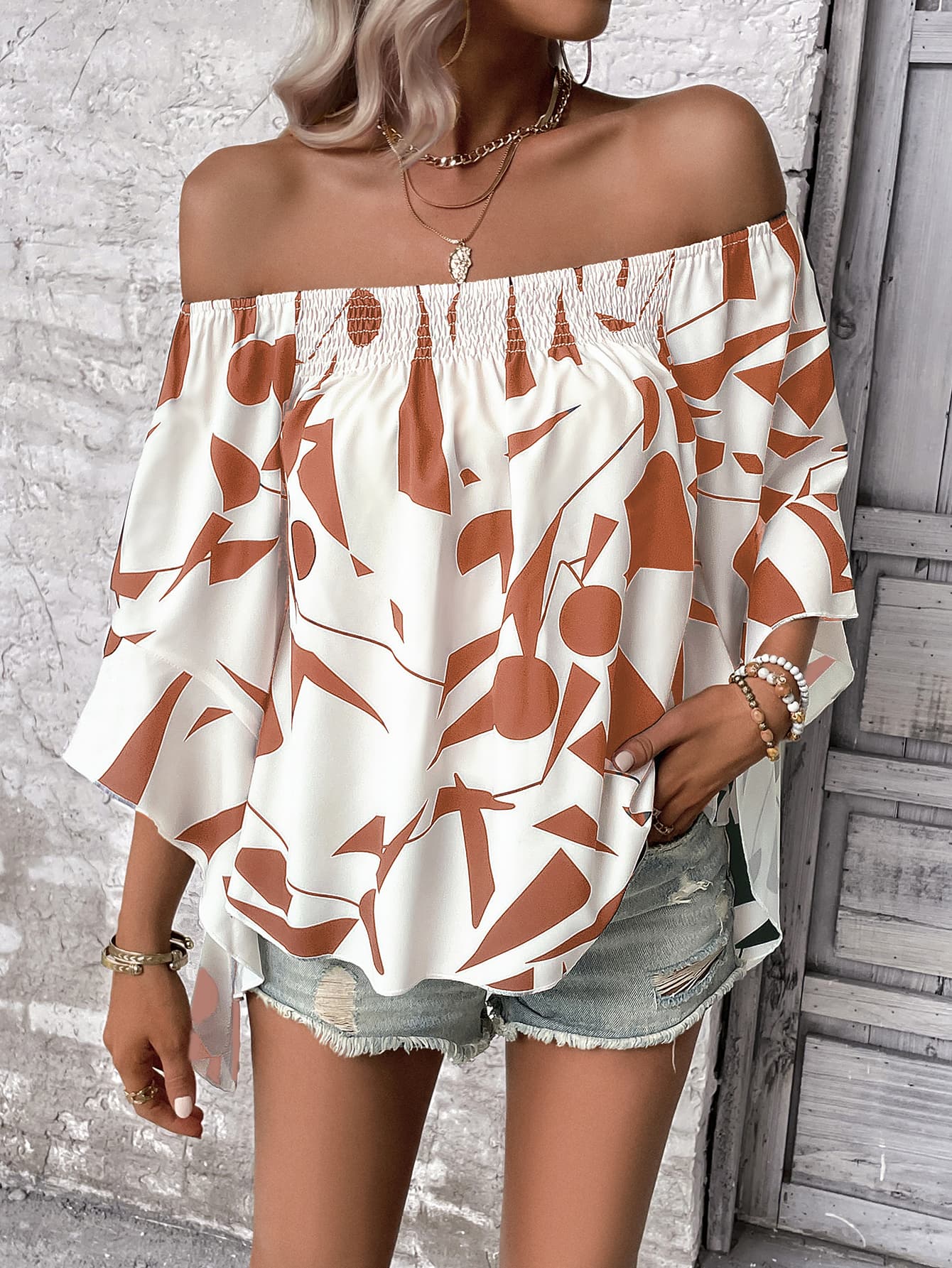 Geo print off-shoulder bell sleeve blouse in white and brown