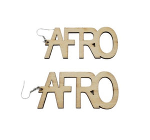 Dangle wooden earrings that spell Afro