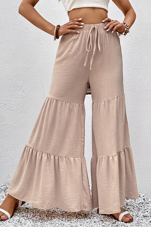 Tan drawstring waist tiered flare pants