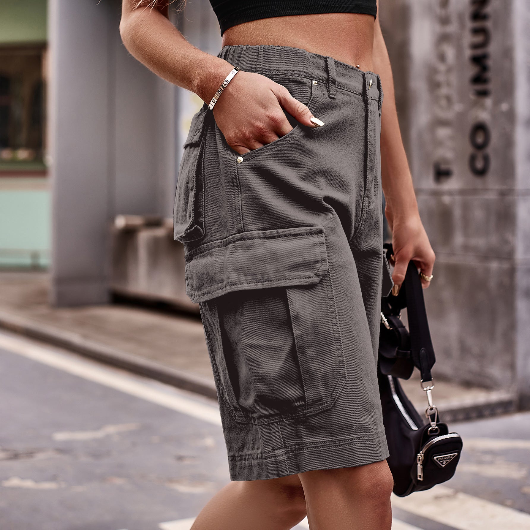 Women's flap pocket cargo button front Bermuda shorts in gray
