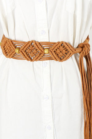 Brown braid belt with fringes solid wood beads, and macrame style braid