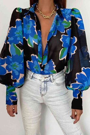 Miami Sheer Flower Print Lantern Sleeve Shirt