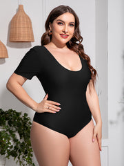 Plus Size Scoop Neck Short Sleeve One-Piece Swimsuit in Black