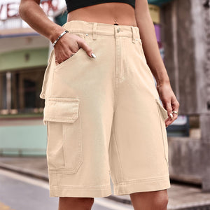 Women's flap pocket cargo button front Bermuda shorts in sand