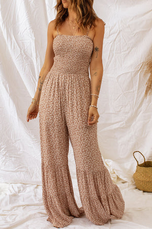 Tan Sleeveless floral smocked wide leg jumpsuit 