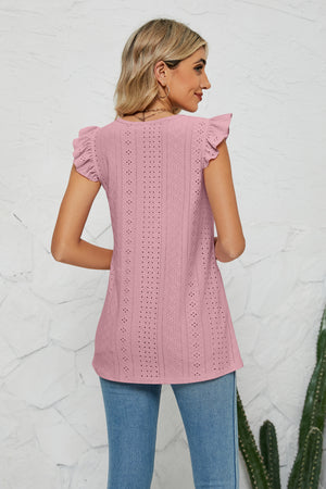 Mauve Smocked Round Neck Eyelet Top with flutter cap sleeves