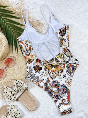 White paisley printed tie back scoop neck high cut swimsuit
