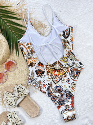 White paisley printed tie back scoop neck high cut swimsuit