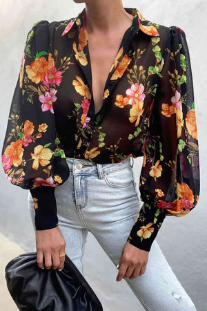 Miami Sheer Flower Print Lantern Sleeve Shirt
