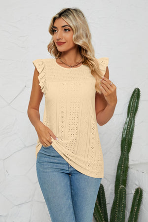 Peach Smocked Round Neck Eyelet Top with flutter cap sleeves