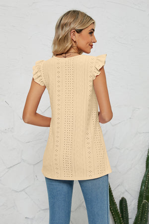 Peach Smocked Round Neck Eyelet Top with flutter cap sleeves