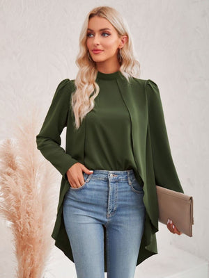 long puff sleeve high-low mock neck blouse army green