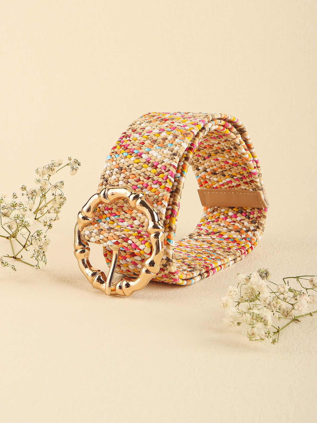 Multicolored woven wide belt with round buckle