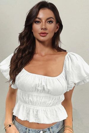 white square neck balloon sleeve cropped blouse