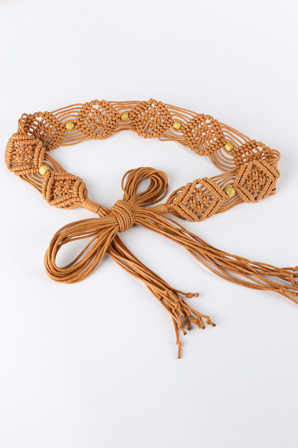 Brown braid belt with fringes solid wood beads, and macrame style braid