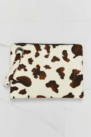 Brown and cream leopard print wristlet clutch with zipper top