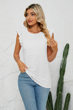 White Smocked Round Neck Eyelet Top with flutter cap sleeves