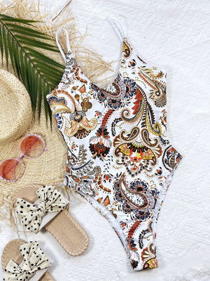 White paisley printed tie back scoop neck high cut swimsuit