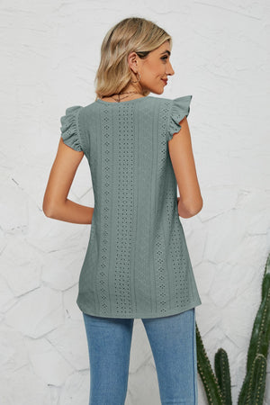 Sage Green Smocked Round Neck Eyelet Top with flutter cap sleeves