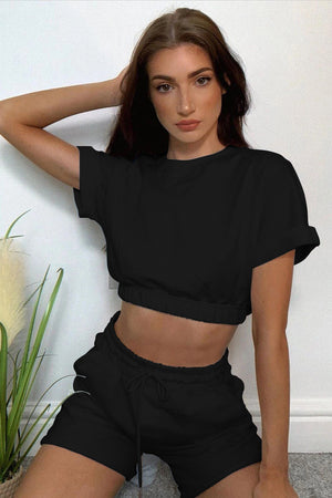 Short sleeve cropped top and drawstring shorts 2PC set in Black