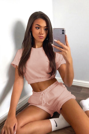 Short sleeve cropped top and drawstring shorts 2PC set in Pink