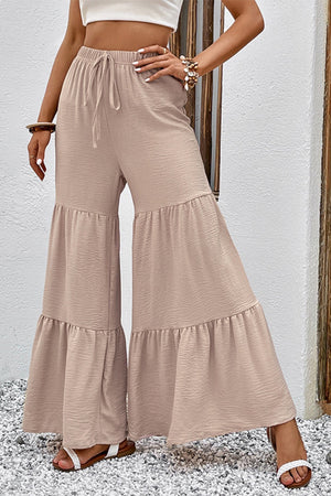 Tan drawstring waist tiered flare pants