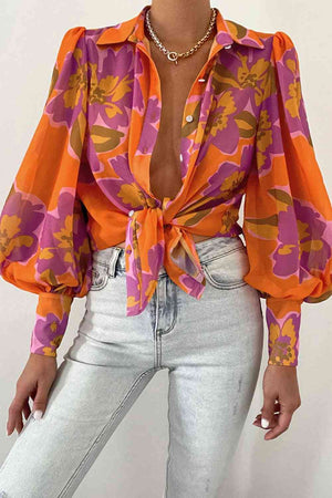 Miami Sheer Flower Print Lantern Sleeve Shirt