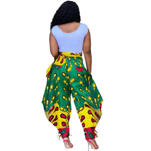 High elastic waist graphic feather print harem pants multicolor