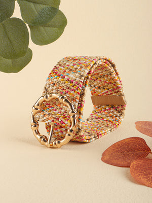 Multicolored woven wide belt with round buckle