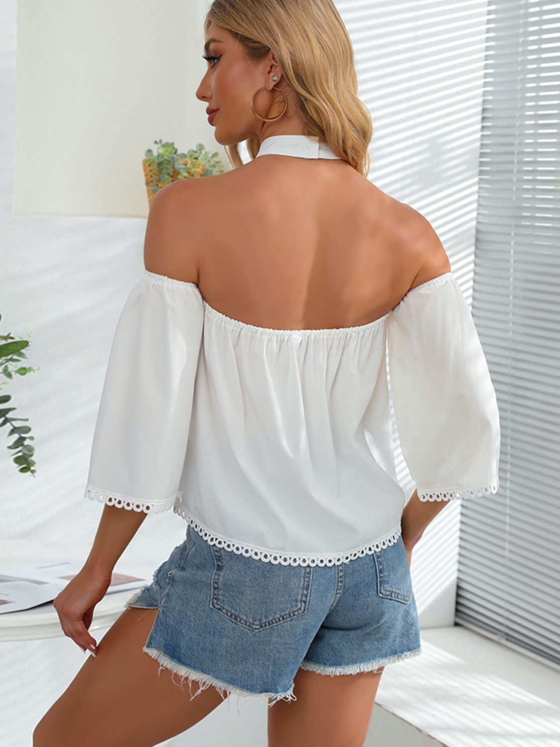 Cassia Crochet Halter Neck Cold-Shoulder Blouse