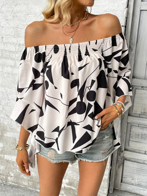 Geo print off-shoulder bell sleeve blouse in white and black