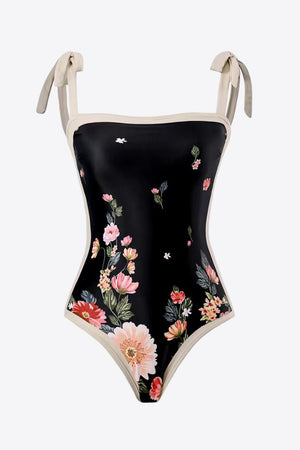 Mameha Floral Tie-Shoulder Two-Piece Swim Set in Black