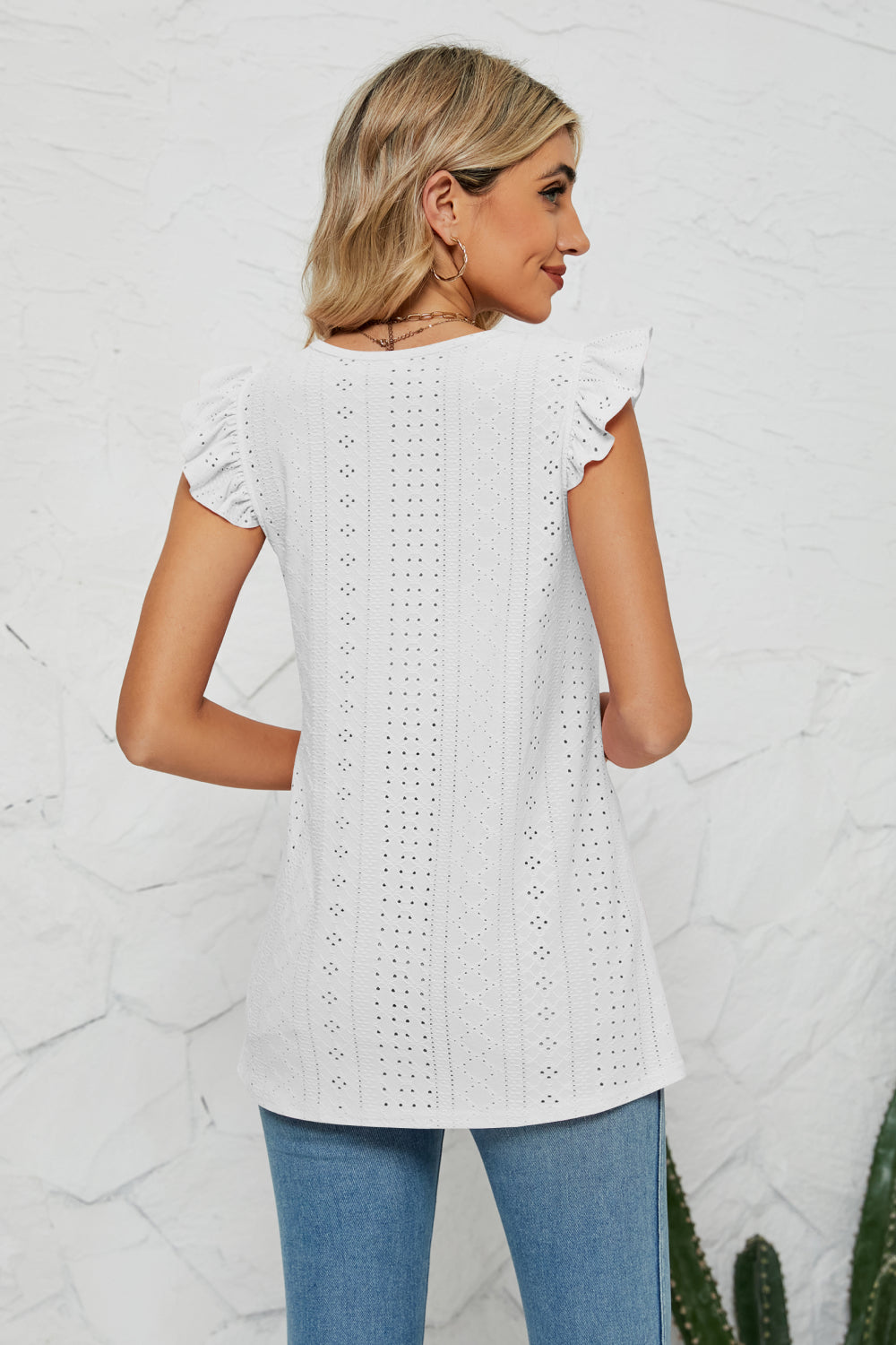 White Smocked Round Neck Eyelet Top with flutter cap sleeves