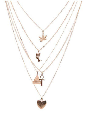 5 Layer Chain Necklace with Wind Leaf, Pharaoh Queen, Cross, Pyramid, and Heart Pendants.