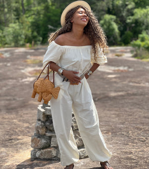 Di Di Puff Beige Off-Shoulder Long Sleeve Jumpsuit