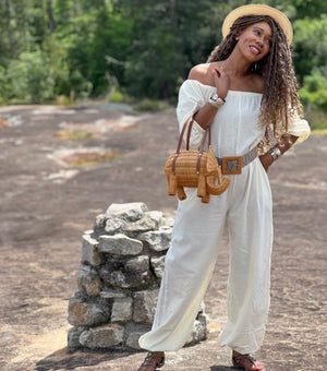 Di Di Puff Beige Off-Shoulder Long Sleeve Jumpsuit