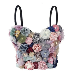 3D Flower Bustier Bra Crop Top with and Removable Black Straps.