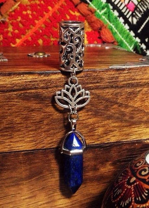 Silver Metal Loc And Braid Hair Charm Jewelry With Attached Lapis Lazuli Color Crystal.