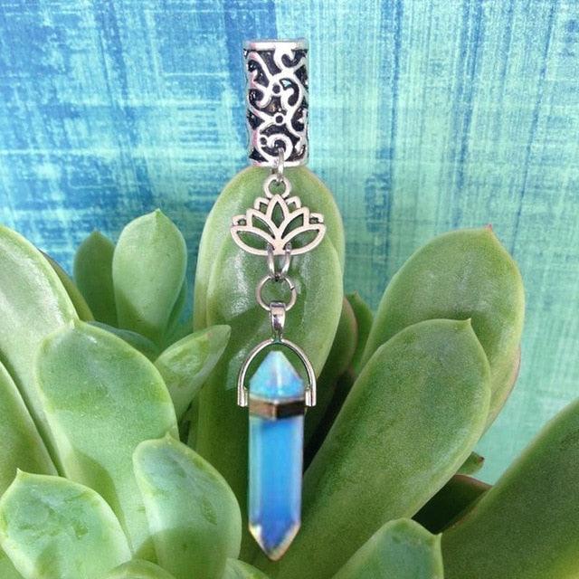Silver Metal Loc and Braid Hair Charm Jewelry with Attached Moonstone Blue Color Crystal.