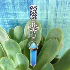 Silver Metal Loc and Braid Hair Charm Jewelry with Attached Moonstone Blue Color Crystal.