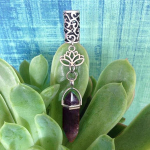 Silver Metal Loc And Braid Hair Charm Jewelry With Attached Rubellite Tourmaline Color Crystal.